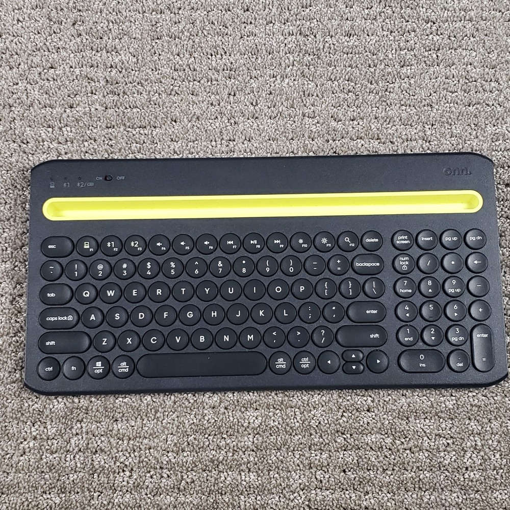 onn. Bluetooth Keyboard Black Yellow Cradle Multi-Device M 100074483 Tested Work